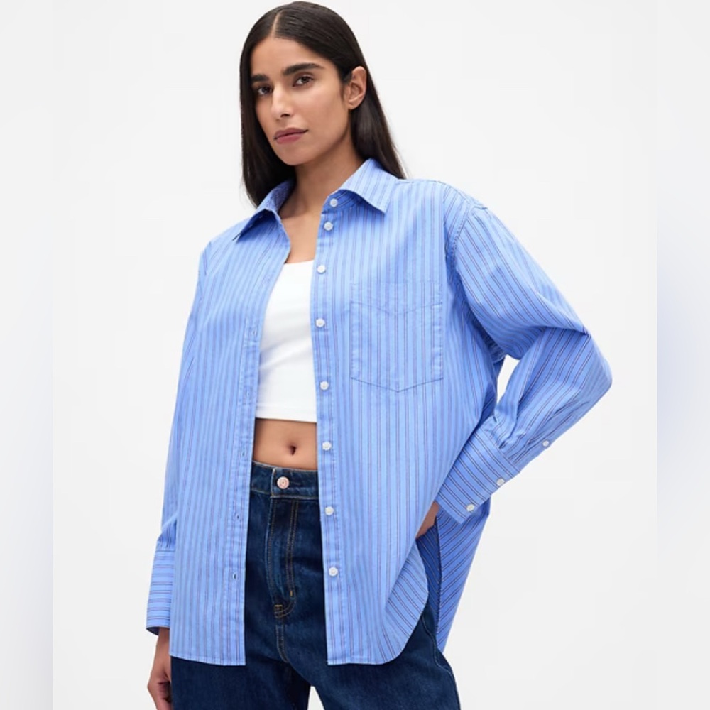 GAP Organic Cotton Poplin Big Shirt Small Blue and White Stripe